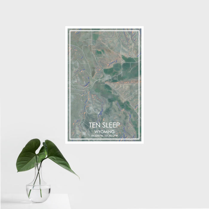 16x24 Ten Sleep Wyoming Map Print Portrait Orientation in Afternoon Style With Tropical Plant Leaves in Water