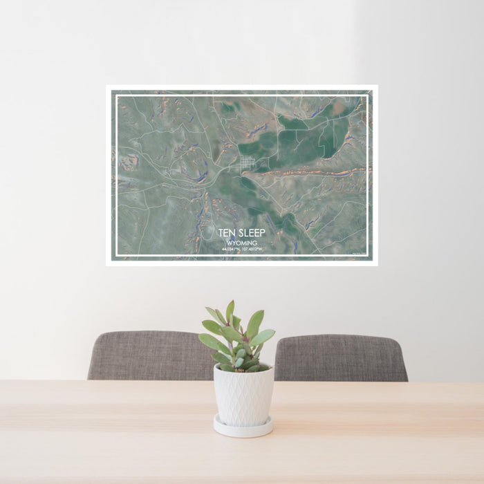 24x36 Ten Sleep Wyoming Map Print Lanscape Orientation in Afternoon Style Behind 2 Chairs Table and Potted Plant