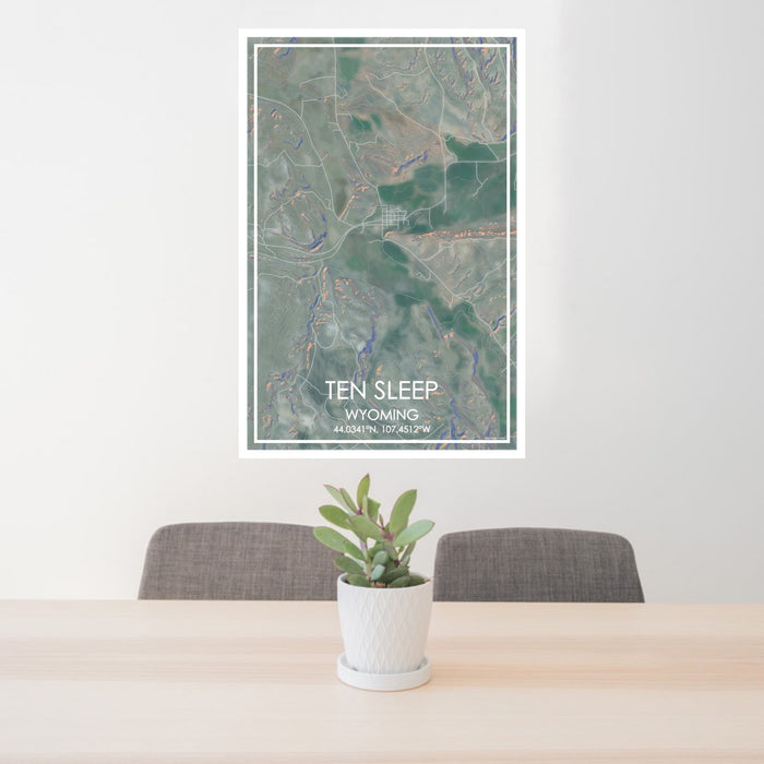 24x36 Ten Sleep Wyoming Map Print Portrait Orientation in Afternoon Style Behind 2 Chairs Table and Potted Plant