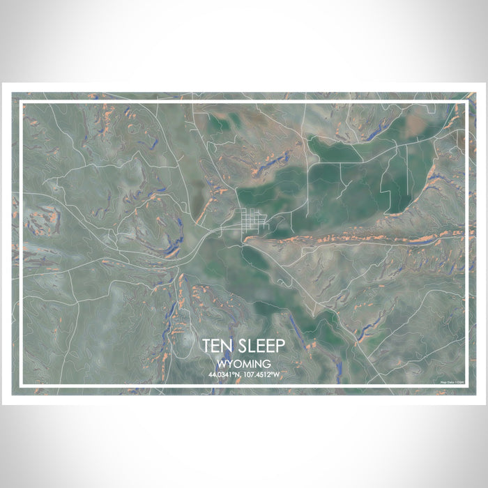 Ten Sleep Wyoming Map Print Landscape Orientation in Afternoon Style With Shaded Background