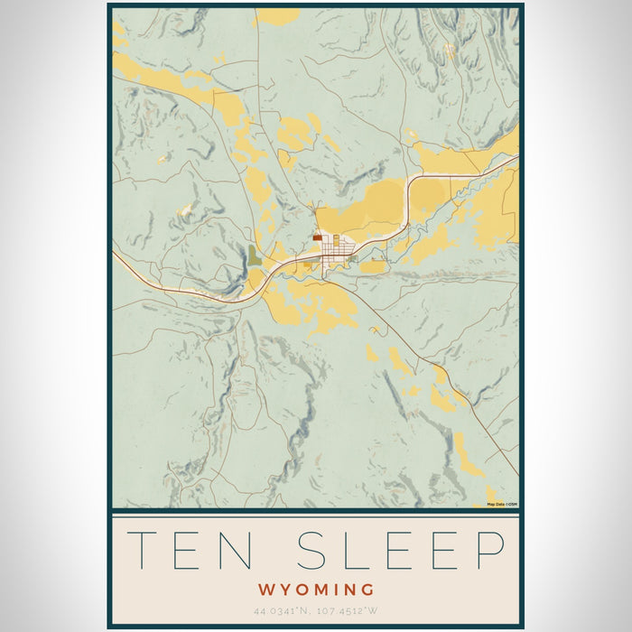 Ten Sleep Wyoming Map Print Portrait Orientation in Woodblock Style With Shaded Background