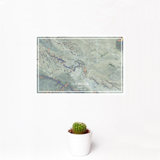 12x18 Terlingua Texas Map Print Landscape Orientation in Afternoon Style With Small Cactus Plant in White Planter