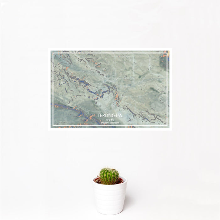12x18 Terlingua Texas Map Print Landscape Orientation in Afternoon Style With Small Cactus Plant in White Planter