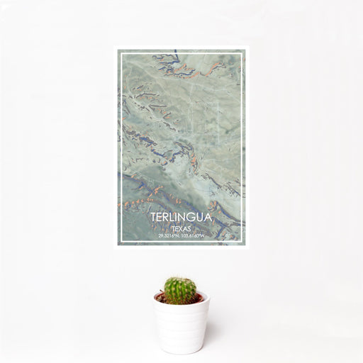 12x18 Terlingua Texas Map Print Portrait Orientation in Afternoon Style With Small Cactus Plant in White Planter