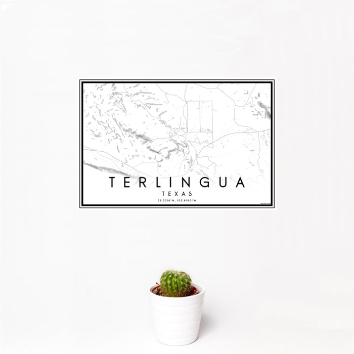 12x18 Terlingua Texas Map Print Landscape Orientation in Classic Style With Small Cactus Plant in White Planter