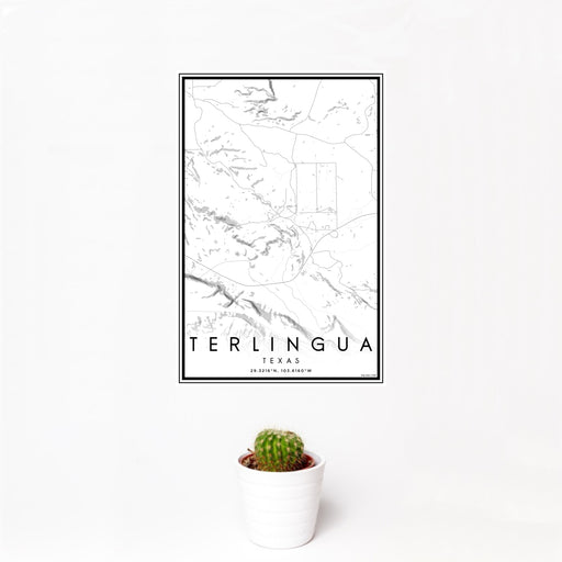 12x18 Terlingua Texas Map Print Portrait Orientation in Classic Style With Small Cactus Plant in White Planter