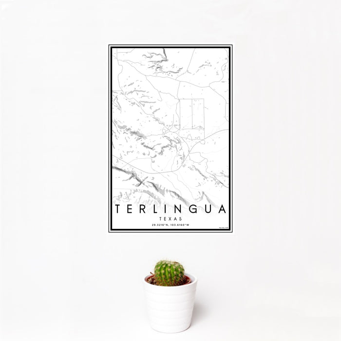12x18 Terlingua Texas Map Print Portrait Orientation in Classic Style With Small Cactus Plant in White Planter