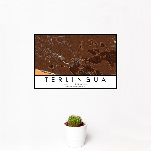 12x18 Terlingua Texas Map Print Landscape Orientation in Ember Style With Small Cactus Plant in White Planter