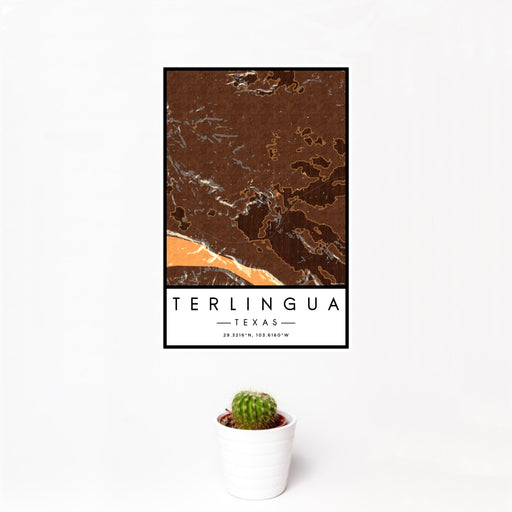 12x18 Terlingua Texas Map Print Portrait Orientation in Ember Style With Small Cactus Plant in White Planter