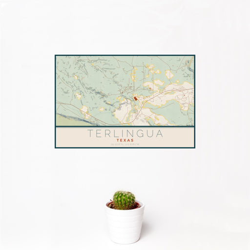 12x18 Terlingua Texas Map Print Landscape Orientation in Woodblock Style With Small Cactus Plant in White Planter