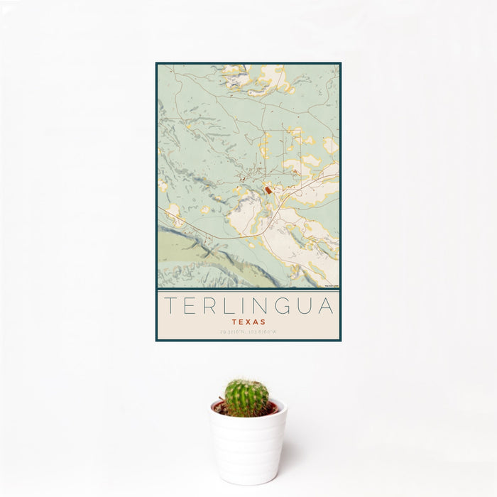 12x18 Terlingua Texas Map Print Portrait Orientation in Woodblock Style With Small Cactus Plant in White Planter