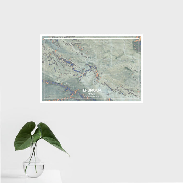 16x24 Terlingua Texas Map Print Landscape Orientation in Afternoon Style With Tropical Plant Leaves in Water