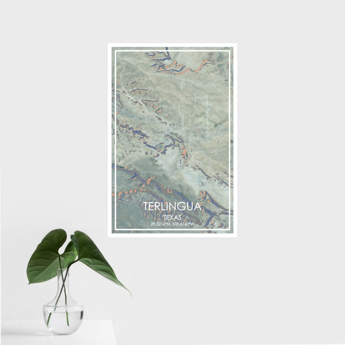 16x24 Terlingua Texas Map Print Portrait Orientation in Afternoon Style With Tropical Plant Leaves in Water