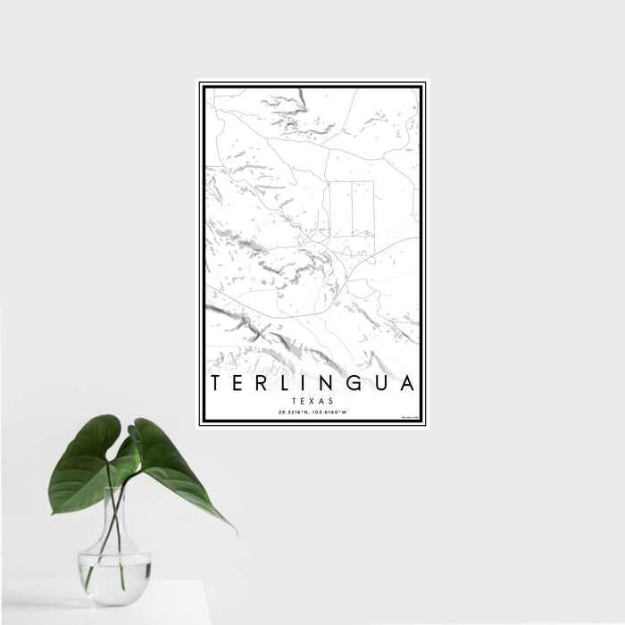 16x24 Terlingua Texas Map Print Portrait Orientation in Classic Style With Tropical Plant Leaves in Water