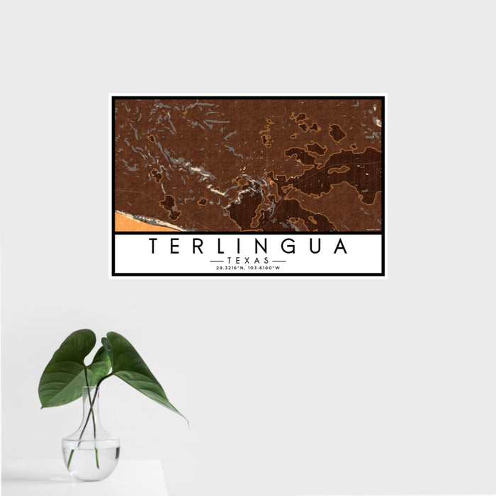 16x24 Terlingua Texas Map Print Landscape Orientation in Ember Style With Tropical Plant Leaves in Water