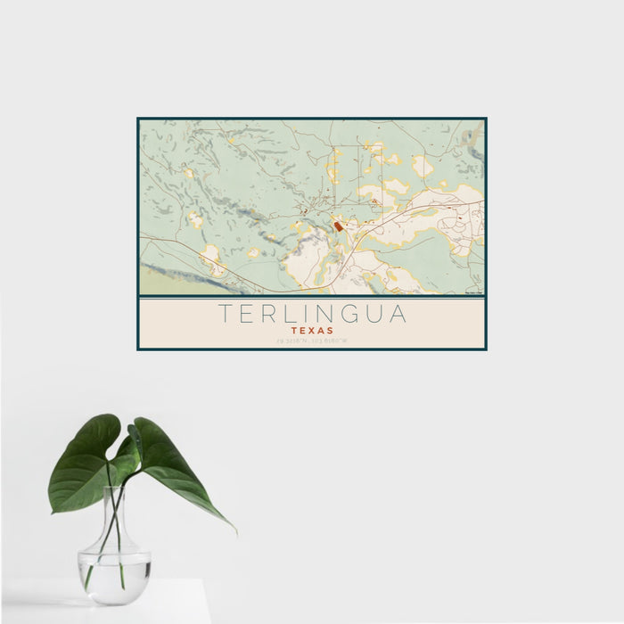 16x24 Terlingua Texas Map Print Landscape Orientation in Woodblock Style With Tropical Plant Leaves in Water