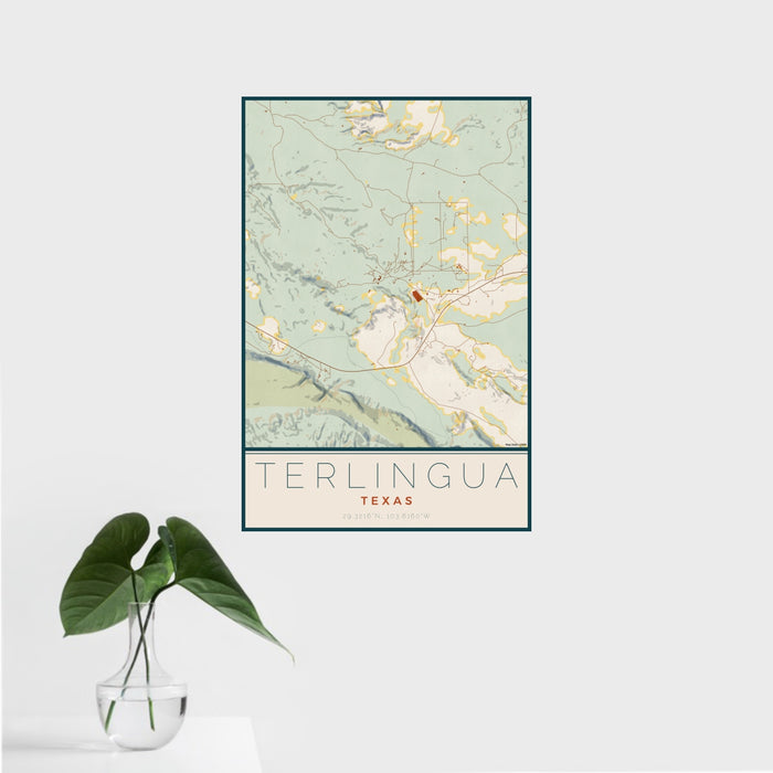16x24 Terlingua Texas Map Print Portrait Orientation in Woodblock Style With Tropical Plant Leaves in Water