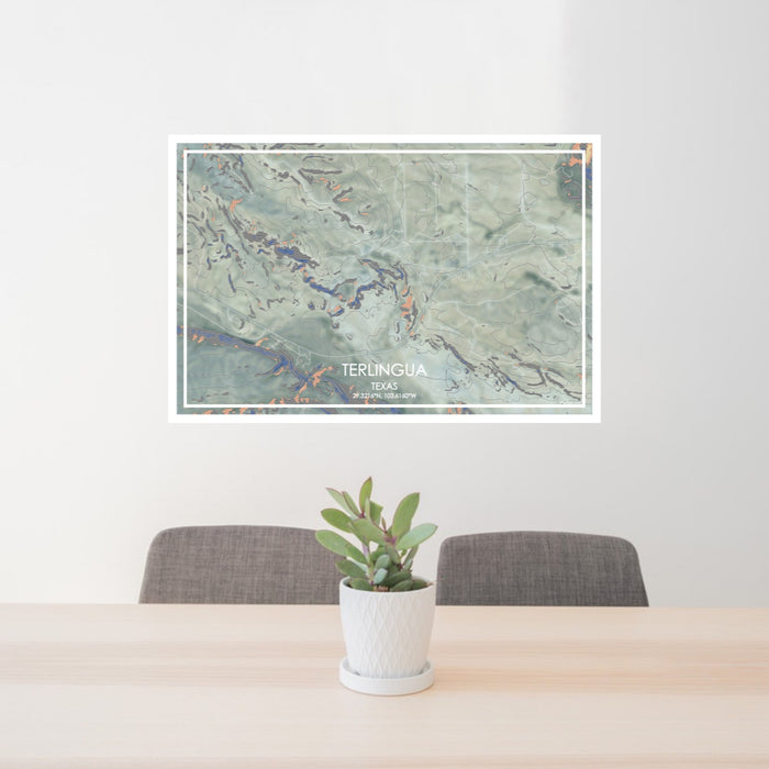 24x36 Terlingua Texas Map Print Lanscape Orientation in Afternoon Style Behind 2 Chairs Table and Potted Plant