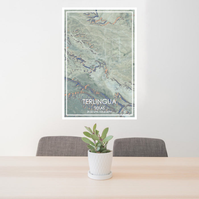 24x36 Terlingua Texas Map Print Portrait Orientation in Afternoon Style Behind 2 Chairs Table and Potted Plant