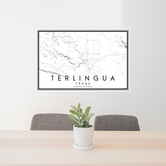 24x36 Terlingua Texas Map Print Lanscape Orientation in Classic Style Behind 2 Chairs Table and Potted Plant