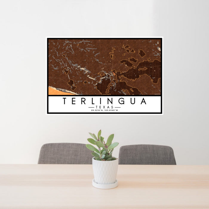 24x36 Terlingua Texas Map Print Lanscape Orientation in Ember Style Behind 2 Chairs Table and Potted Plant
