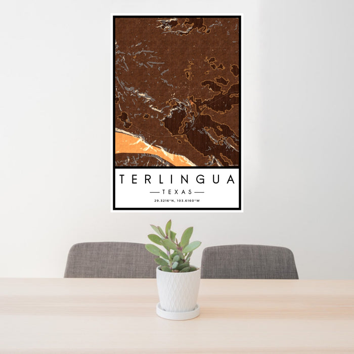 24x36 Terlingua Texas Map Print Portrait Orientation in Ember Style Behind 2 Chairs Table and Potted Plant