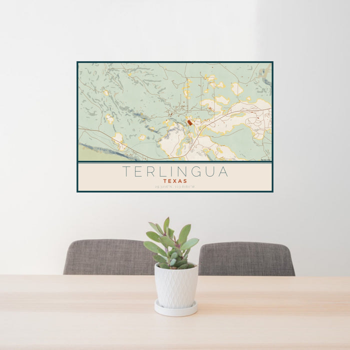 24x36 Terlingua Texas Map Print Lanscape Orientation in Woodblock Style Behind 2 Chairs Table and Potted Plant