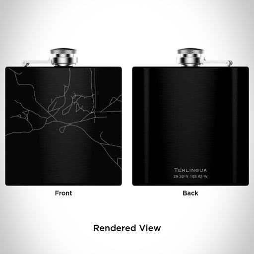 Rendered View of Terlingua Texas Map Engraving on 6oz Stainless Steel Flask in Black