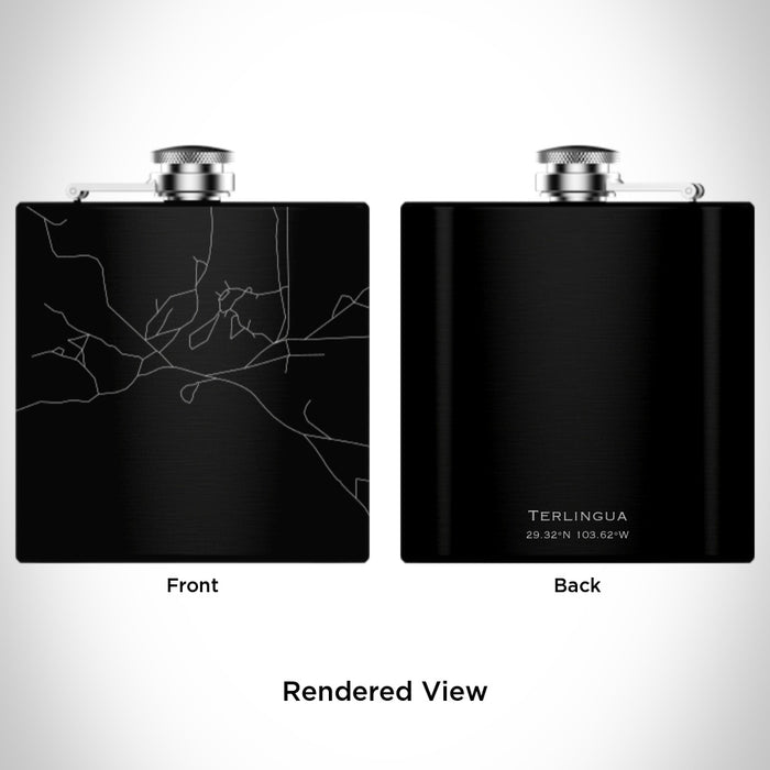 Rendered View of Terlingua Texas Map Engraving on 6oz Stainless Steel Flask in Black