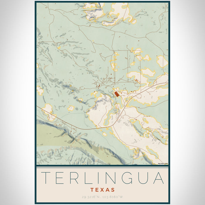 Terlingua Texas Map Print Portrait Orientation in Woodblock Style With Shaded Background