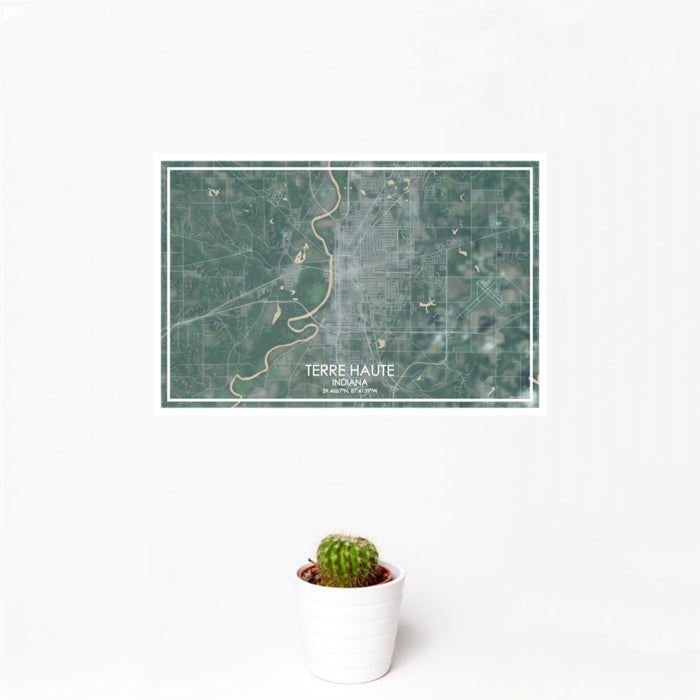 12x18 Terre Haute Indiana Map Print Landscape Orientation in Afternoon Style With Small Cactus Plant in White Planter