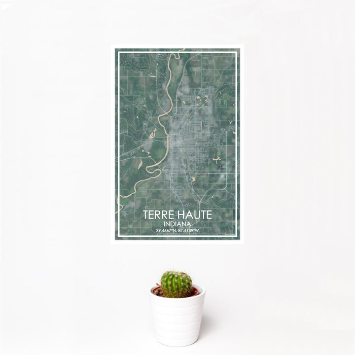 12x18 Terre Haute Indiana Map Print Portrait Orientation in Afternoon Style With Small Cactus Plant in White Planter