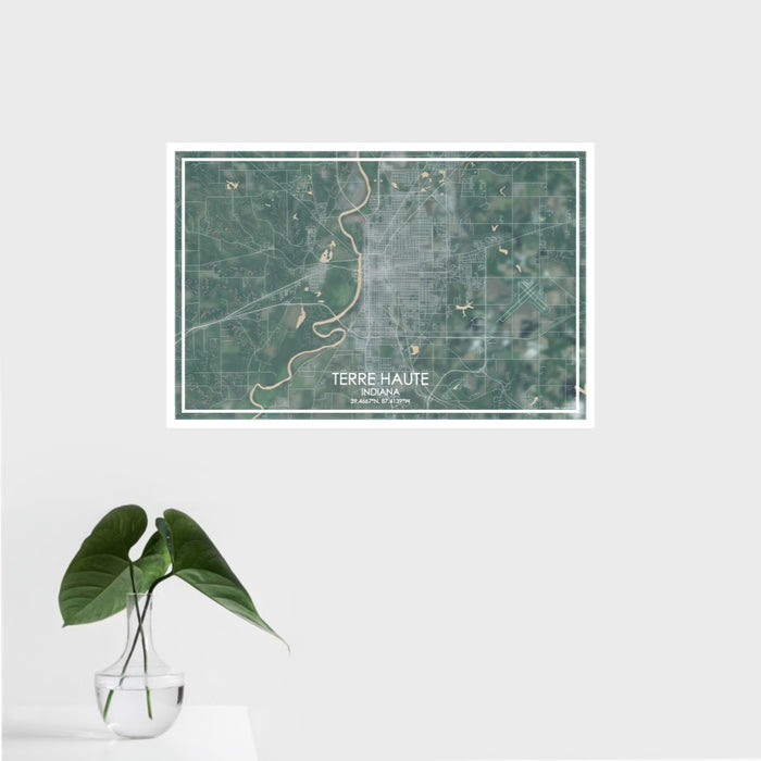 16x24 Terre Haute Indiana Map Print Landscape Orientation in Afternoon Style With Tropical Plant Leaves in Water