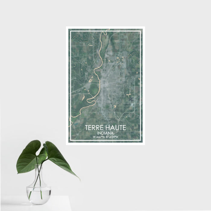 16x24 Terre Haute Indiana Map Print Portrait Orientation in Afternoon Style With Tropical Plant Leaves in Water