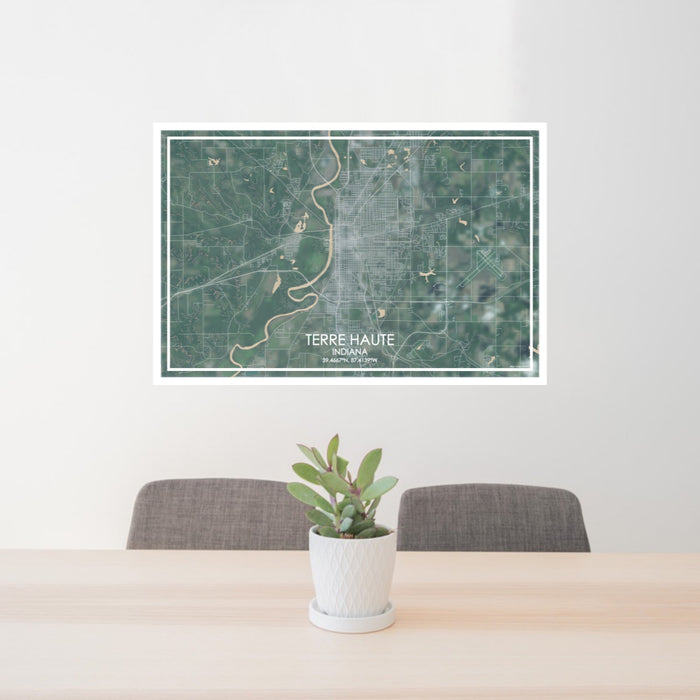 24x36 Terre Haute Indiana Map Print Lanscape Orientation in Afternoon Style Behind 2 Chairs Table and Potted Plant
