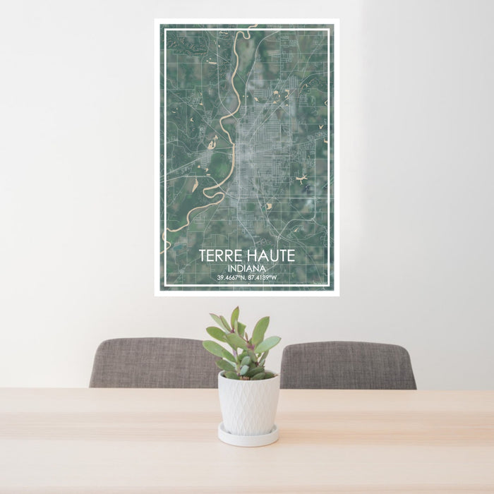 24x36 Terre Haute Indiana Map Print Portrait Orientation in Afternoon Style Behind 2 Chairs Table and Potted Plant
