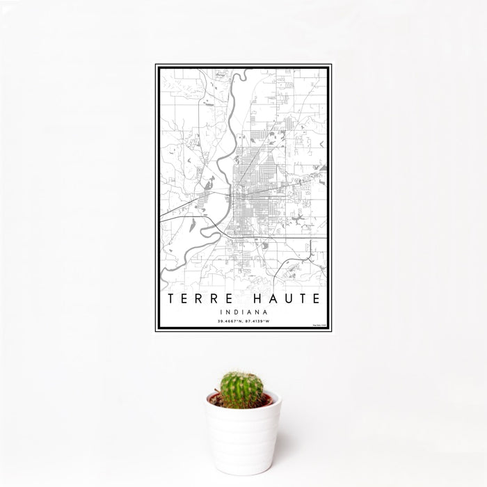 12x18 Terre Haute Indiana Map Print Portrait Orientation in Classic Style With Small Cactus Plant in White Planter