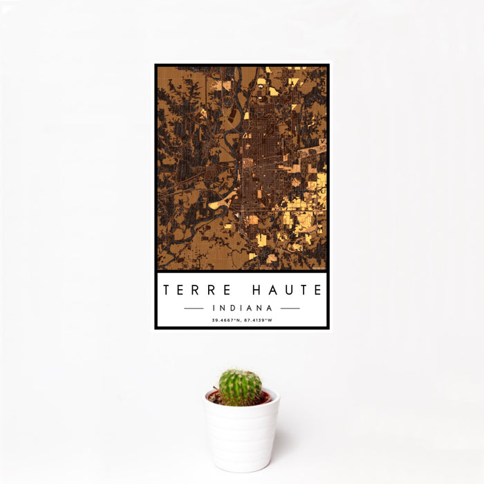 12x18 Terre Haute Indiana Map Print Portrait Orientation in Ember Style With Small Cactus Plant in White Planter