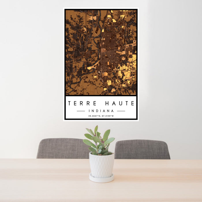 24x36 Terre Haute Indiana Map Print Portrait Orientation in Ember Style Behind 2 Chairs Table and Potted Plant