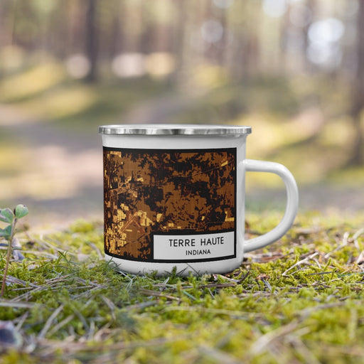Right View Custom Terre Haute Indiana Map Enamel Mug in Ember on Grass With Trees in Background
