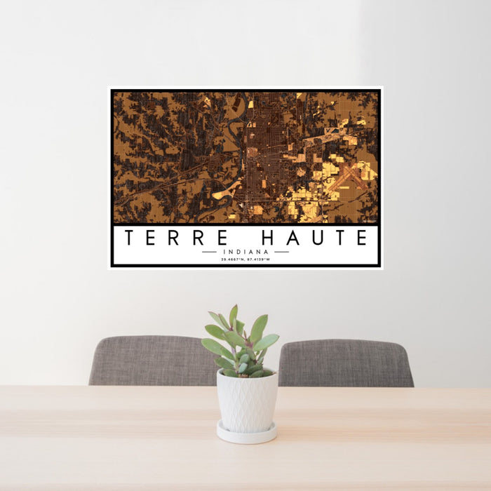24x36 Terre Haute Indiana Map Print Landscape Orientation in Ember Style Behind 2 Chairs Table and Potted Plant