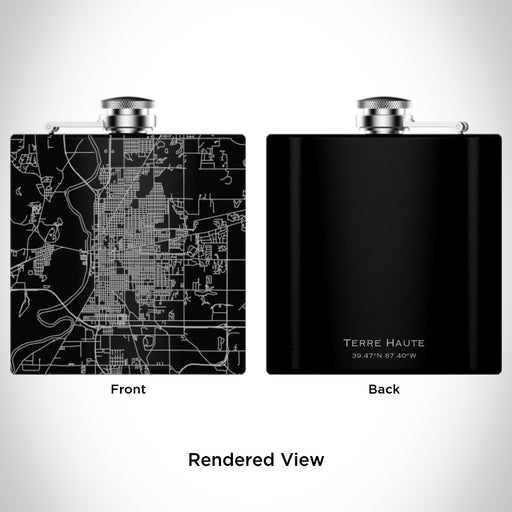 Rendered View of Terre Haute Indiana Map Engraving on 6oz Stainless Steel Flask in Black