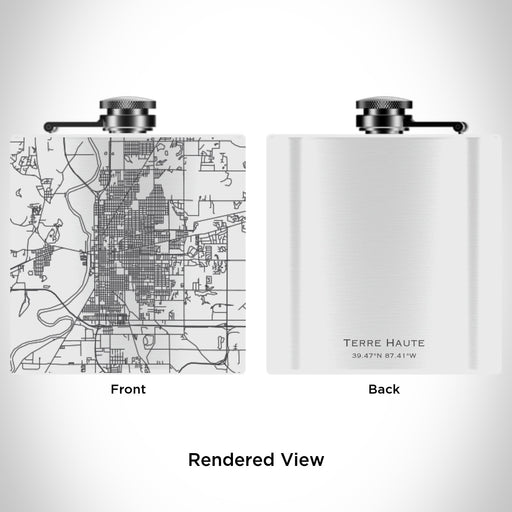 Rendered View of Terre Haute Indiana Map Engraving on 6oz Stainless Steel Flask in White