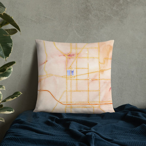 Custom Terre Haute Indiana Map Throw Pillow in Watercolor on Bedding Against Wall