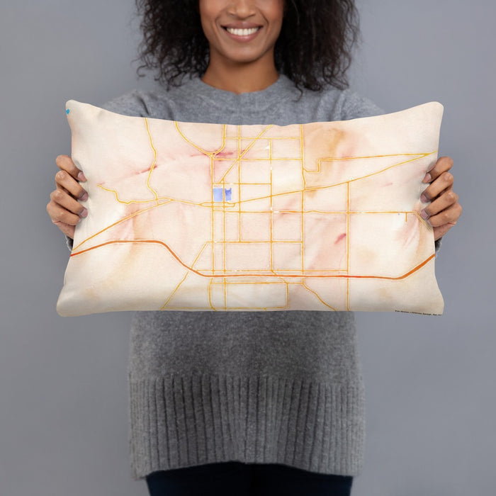Person holding 20x12 Custom Terre Haute Indiana Map Throw Pillow in Watercolor