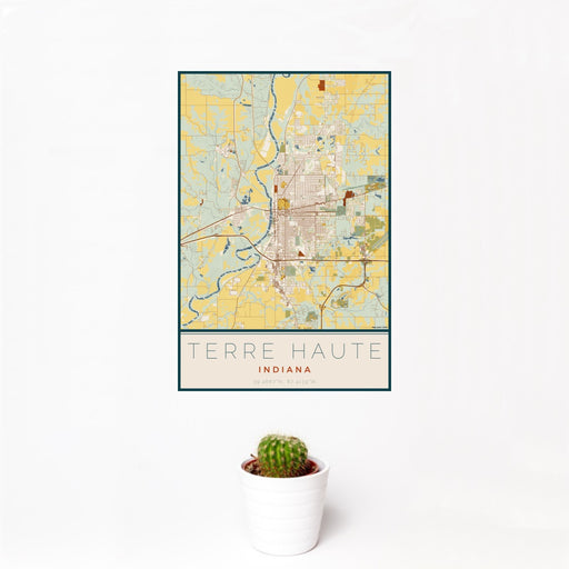 12x18 Terre Haute Indiana Map Print Portrait Orientation in Woodblock Style With Small Cactus Plant in White Planter