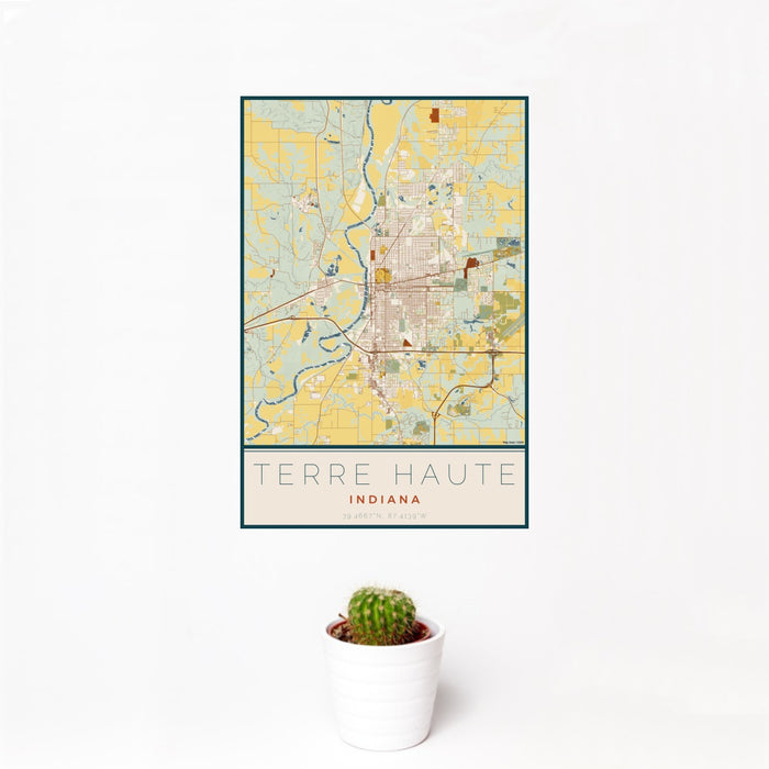12x18 Terre Haute Indiana Map Print Portrait Orientation in Woodblock Style With Small Cactus Plant in White Planter