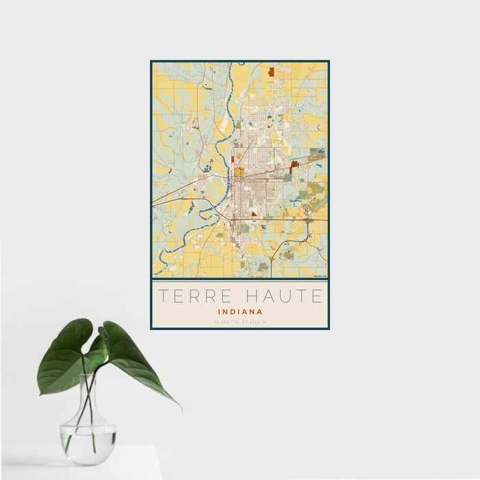 16x24 Terre Haute Indiana Map Print Portrait Orientation in Woodblock Style With Tropical Plant Leaves in Water