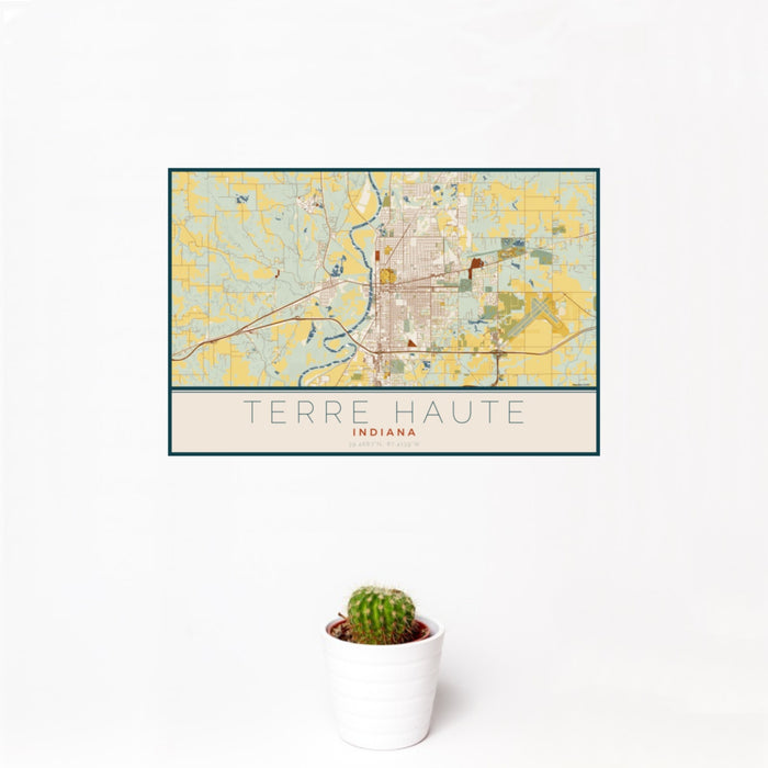 12x18 Terre Haute Indiana Map Print Landscape Orientation in Woodblock Style With Small Cactus Plant in White Planter