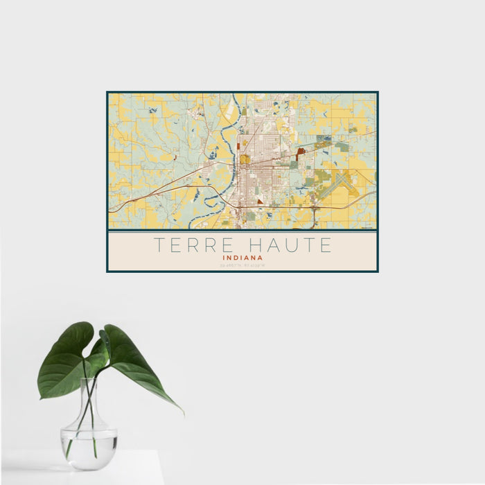 16x24 Terre Haute Indiana Map Print Landscape Orientation in Woodblock Style With Tropical Plant Leaves in Water